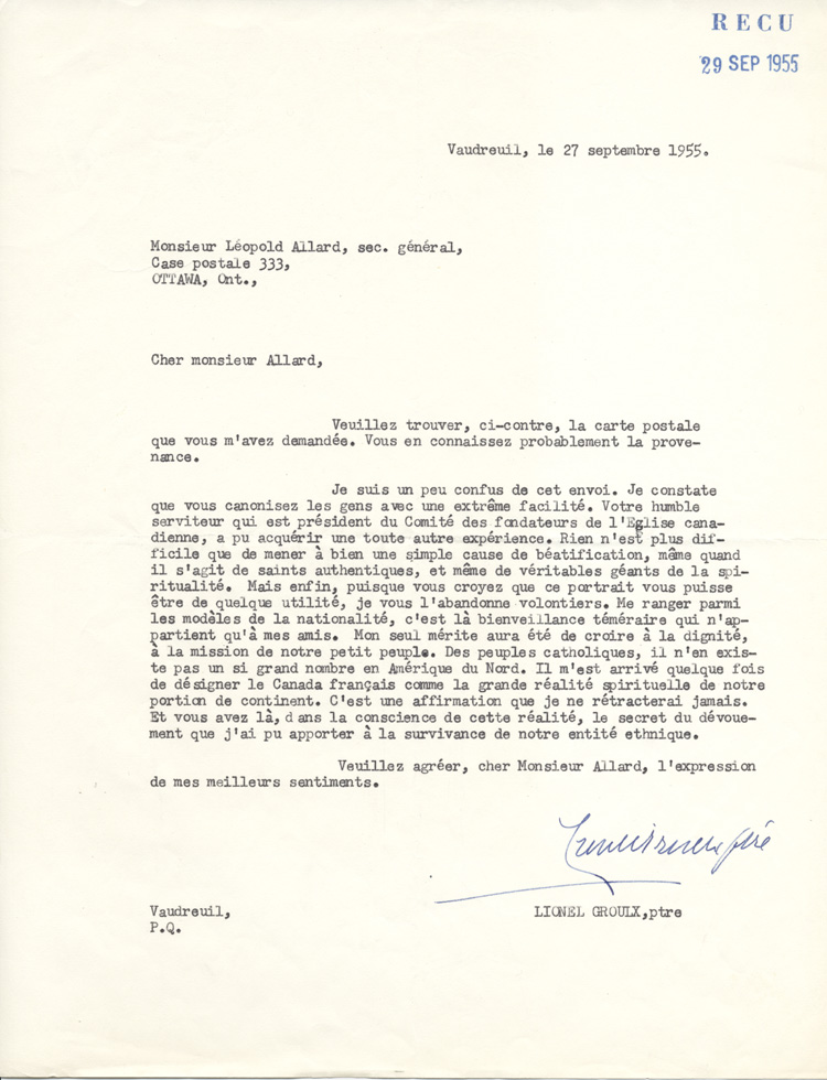 Lettre du chanoine Lionel Groulx &agrave; L&eacute;opold Allard, 1955.