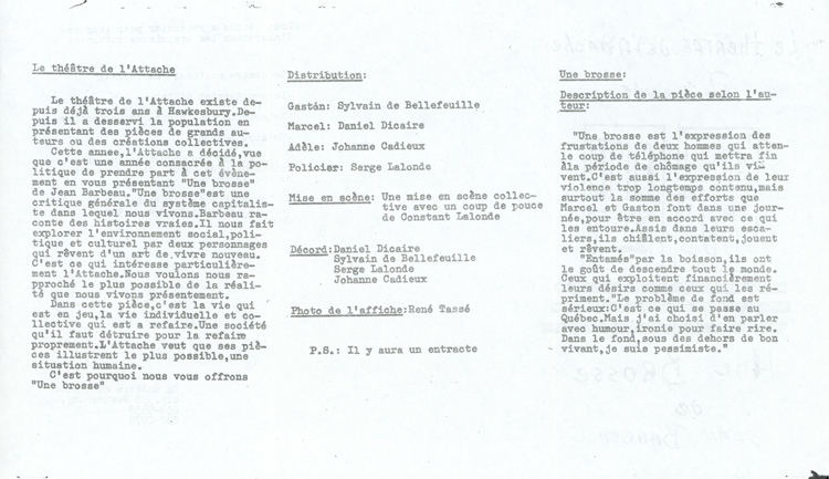 Programme de la pi&egrave;ce Une brosse (1978)