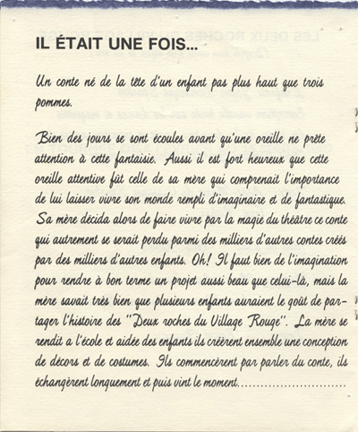 Programme de la pi&egrave;ce Les Deux Roches du village rouge (1979)