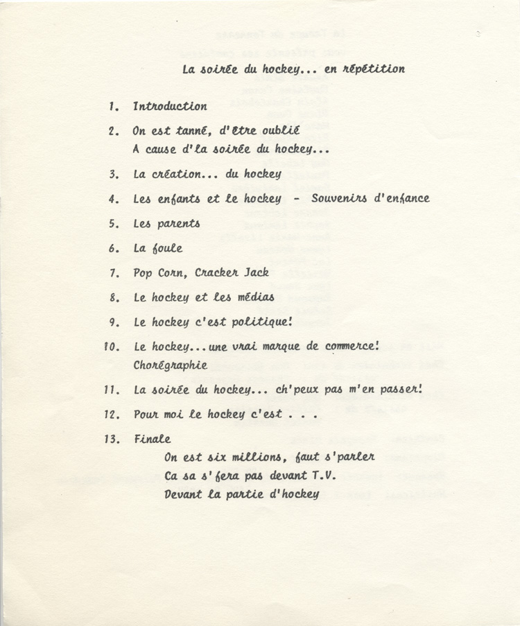 Programme de la pi&egrave;ce La Soir&eacute;e du hockey...&nbsp;en r&eacute;p&eacute;tition (1980)