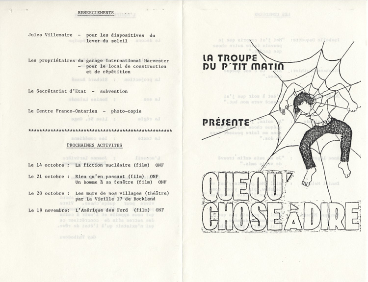 Programme de la pi&egrave;ce Quequ'chose &agrave; dire (1980)