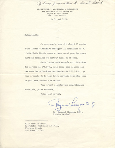 Lettre de Mgr Raymond Limoges