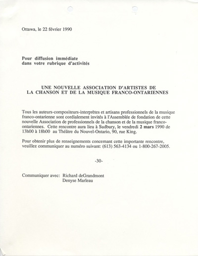 Communiqu&eacute; de presse annon&ccedil;ant l'assembl&eacute;e de fondation de l'Association des professionnels de la chanson et de la musique franco-ontariennes (APCM)