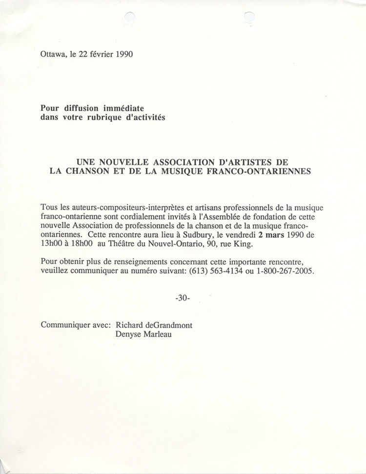 Communiqu&eacute; de presse annon&ccedil;ant l'assembl&eacute;e de fondation de l'Association des professionnels de la chanson et de la musique franco-ontariennes (APCM)