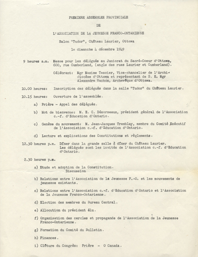 Programme de la premi&egrave;re assembl&eacute;e de l'Association de la jeunesse franco-ontarienne (1949)