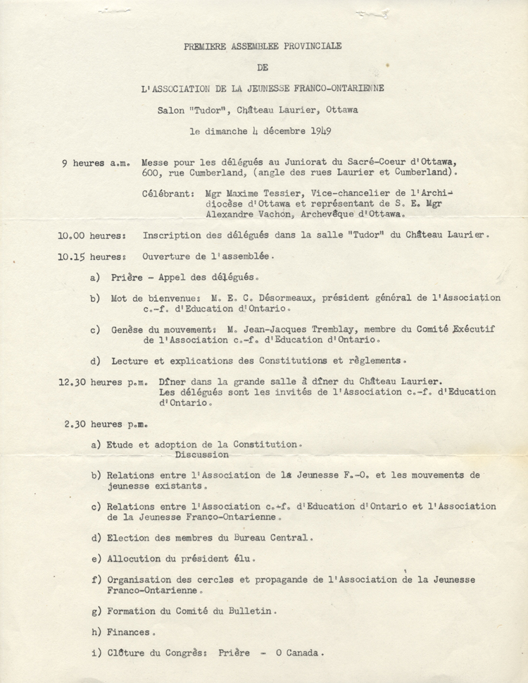 Programme de la premi&egrave;re assembl&eacute;e de l'Association de la jeunesse franco-ontarienne (1949)