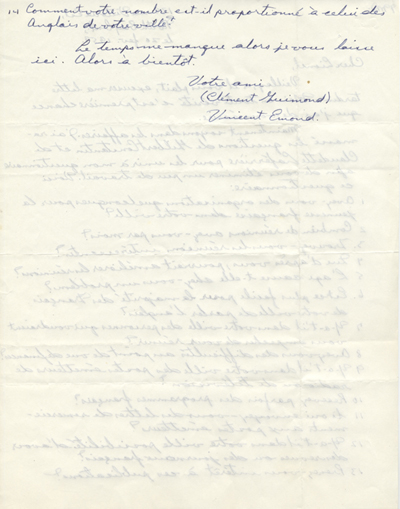 Lettre manuscrite de Vincent Emond