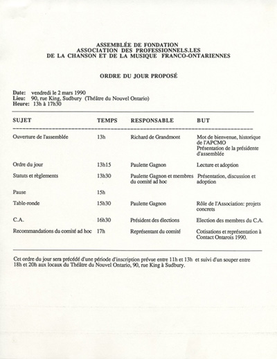 Ordre du jour de l'assembl&eacute;e de fondation de l'Association des professionnels de la chanson et de la musique franco-ontariennes (APCM)