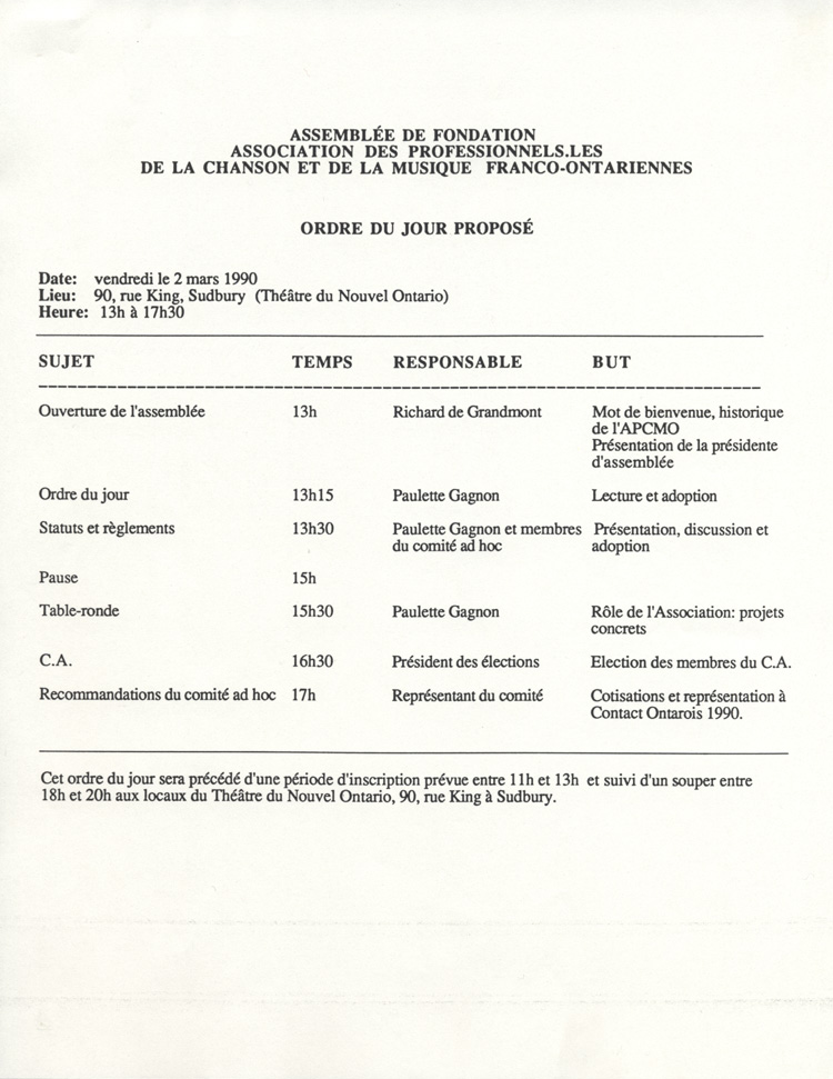 Ordre du jour de l'assemblée de fondation de l'Association des professionnels de la chanson et de la musique franco-ontariennes (APCM)