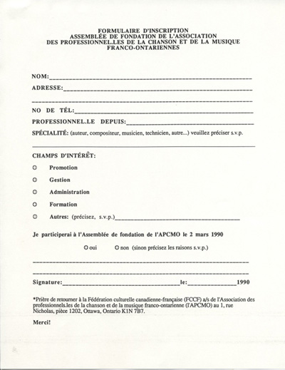Formulaire d'inscription &agrave; l'APCM (1990)