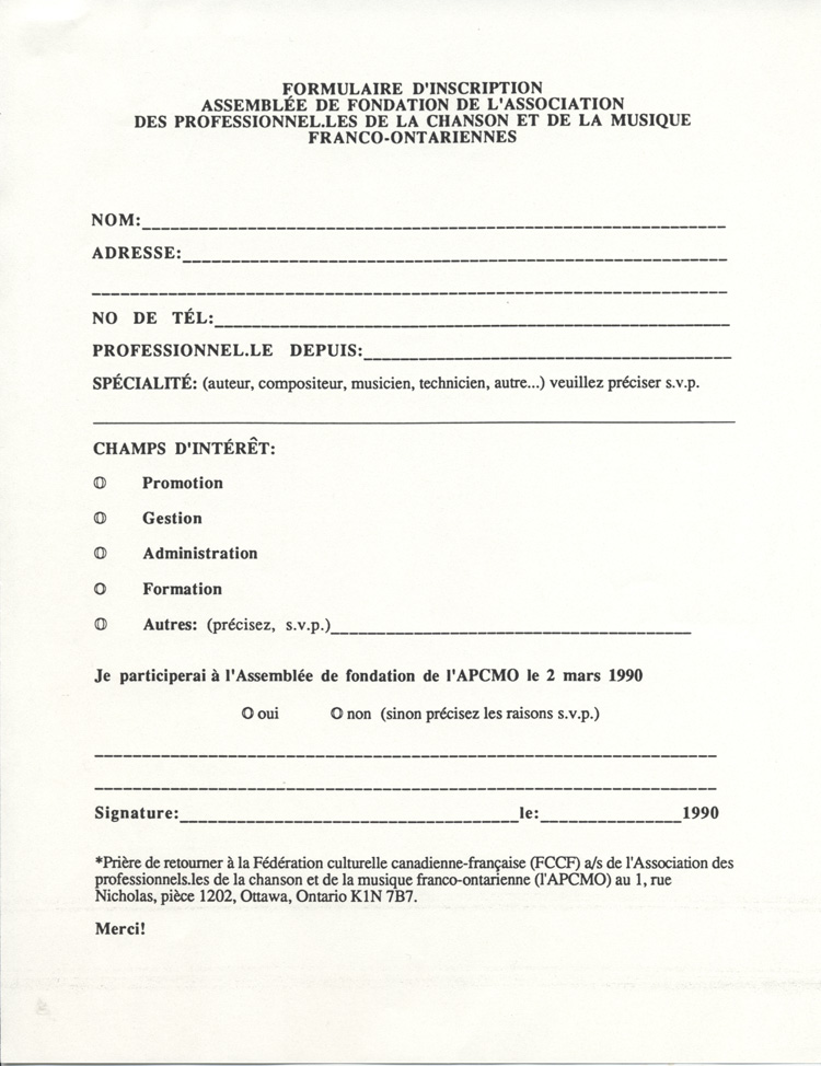 Formulaire d'inscription à l'APCM (1990)