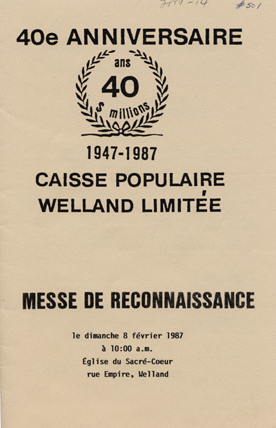 Reproduction de la page de titre du programme du 40e anniversaire (1947-1987) de la Caisse populaire de Welland (Ontario), 8 f&eacute;vrier 1987