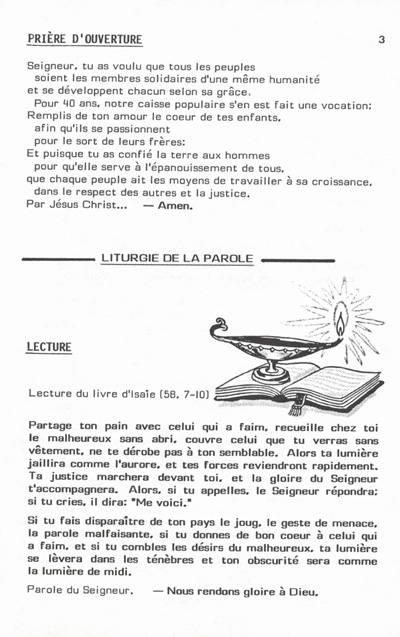 Reproduction de la pri&egrave;re r&eacute;cit&eacute;e au d&eacute;but de la messe parue dans le programme du 40e anniversaire de la Caisse populaire de Welland (Ontario), 8 f&eacute;vrier 1987