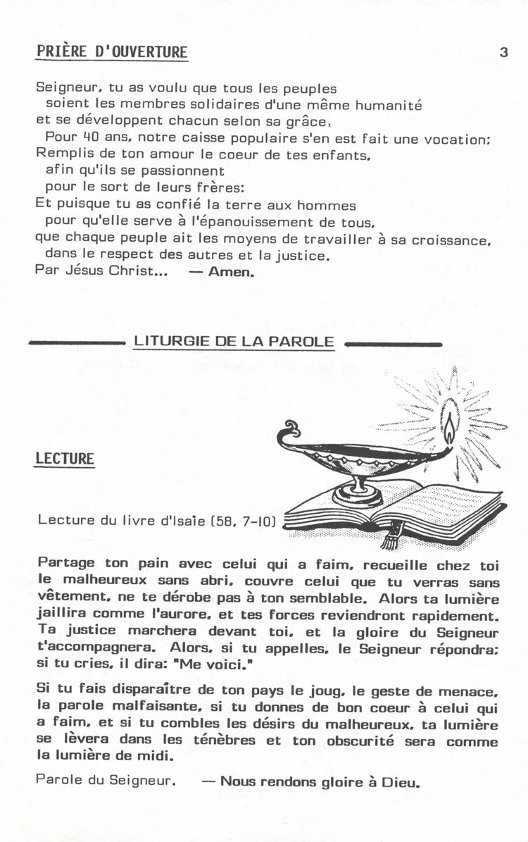 Reproduction de la pri&egrave;re r&eacute;cit&eacute;e au d&eacute;but de la messe parue dans le programme du 40e anniversaire de la Caisse populaire de Welland (Ontario), 8 f&eacute;vrier 1987