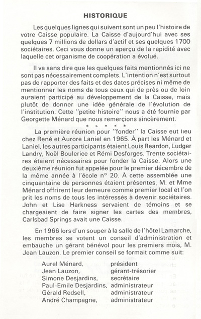 Reproduction de la deuxi&egrave;me page du Programme-souvenir 20e anniversaire de la Caisse populaire de Carlsbad Spring (Ontario) relatant l’historique de la Caisse, 1985.