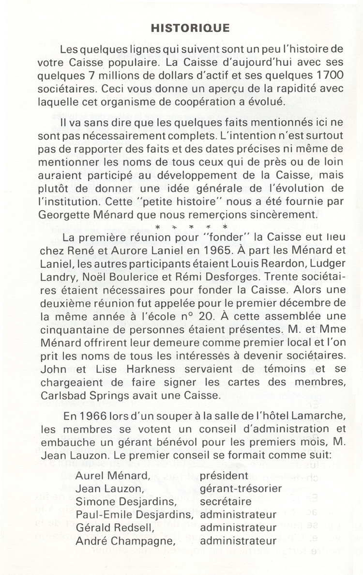 Reproduction de la deuxi&egrave;me page du Programme-souvenir 20e anniversaire de la Caisse populaire de Carlsbad Spring (Ontario) relatant l’historique de la Caisse, 1985.