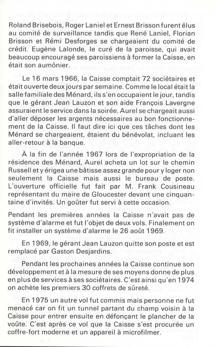 Reproduction de la troisi&egrave;me page du Programme-souvenir 20e anniversaire de la Caisse populaire de Carlsbad Spring (Ontario) relatant l’historique de la Caisse, 1985.