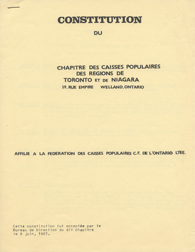 Reproduction de la page de titre de la constitution du chapitre des caisses populaires des r&eacute;gions de Toronto et de Niagara, 6 juin 1967.