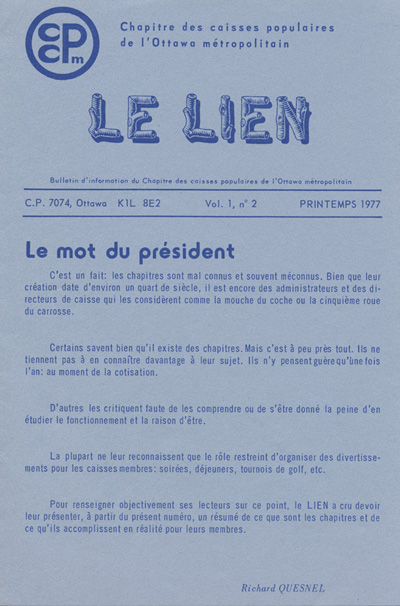Reproduction de la page de titre du bulletin Le Lien du Chapitre des caisses populaires de l’Ottawa m&eacute;tropolitain, printemps 1977.