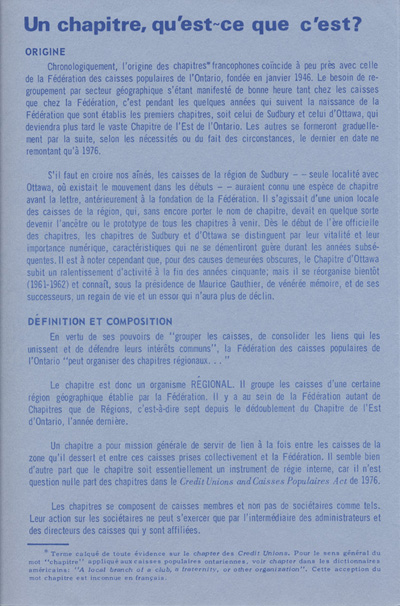 Reproduction d’un article sur le r&ocirc;le d’un chapitre r&eacute;gional paru dans le Le Lien, bulletin du Chapitre des caisses populaires de l’Ottawa m&eacute;tropolitain.