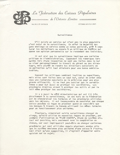 Reproduction de la premi&egrave;re page d’une circulaire de la F&eacute;d&eacute;ration des caisses populaires de l’Ontario au sujet du processus de surveillance dans les caisses populaires, [197-?].