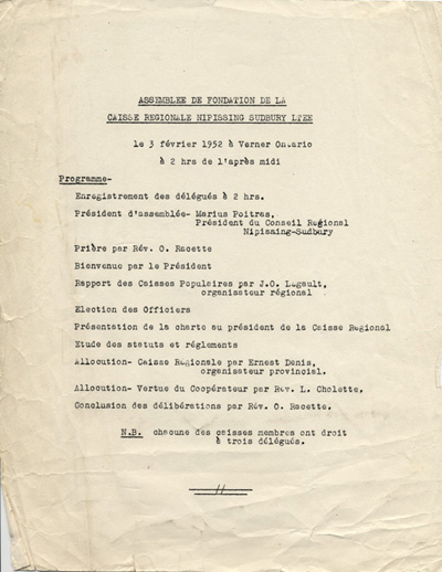 Reproduction de l’ordre du jour de l’assembl&eacute;e de fondation de la Caisse r&eacute;gionale de Nipissing-Sudbury, 3 f&eacute;vrier 1952.