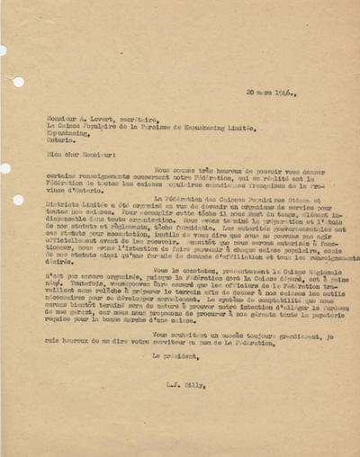 Reproduction de la lettre de Louis-Joseph Billy, pr&eacute;sident de la F&eacute;d&eacute;ration des caisses populaires Ottawa et districts &agrave; A. Levert, secr&eacute;taire de la Caisse populaire de la paroisse de Kapuskasing (Ontario), 20 mars 1946.