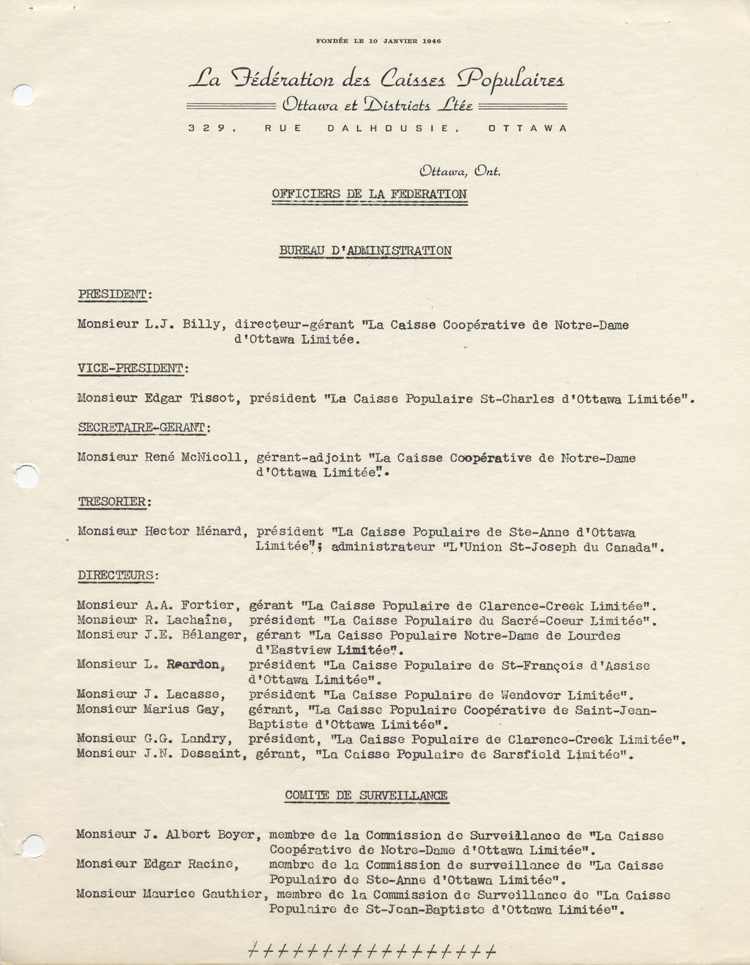 Reproduction de la liste des officiers de la F&eacute;d&eacute;ration des caisses populaires Ottawa et districts, [avant 1952].