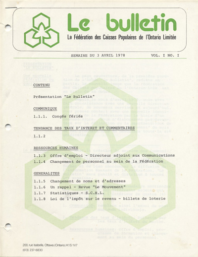 Reproduction de la premi&egrave;re page de Le Bulletin publi&eacute; par la F&eacute;d&eacute;ration des caisses populaires de l’Ontario, 3 avril 1978.