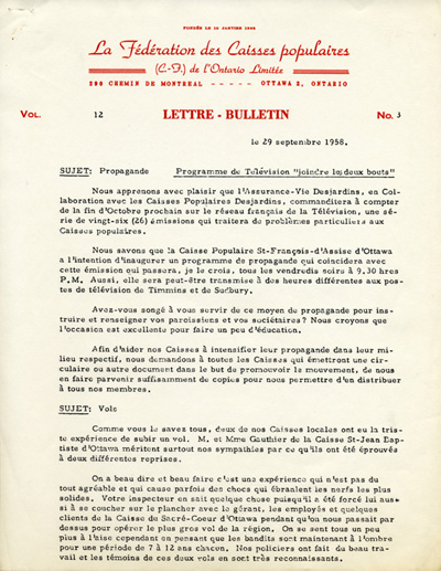 Reproduction de la premi&egrave;re page de la Lettre-bulletin de la F&eacute;d&eacute;ration des caisses populaires canadiennes-fran&ccedil;aises de l’Ontario, 29 septembre 1958.