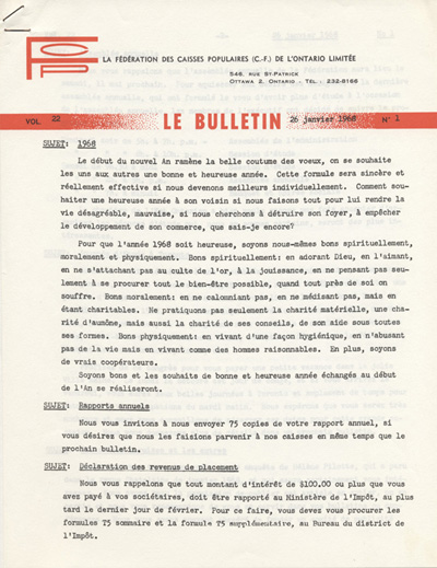 Reproduction de la premi&egrave;re page de Le Bulletin de la F&eacute;d&eacute;ration des caisses populaires canadiennes-fran&ccedil;aises de l’Ontario, 26 janvier 1968.