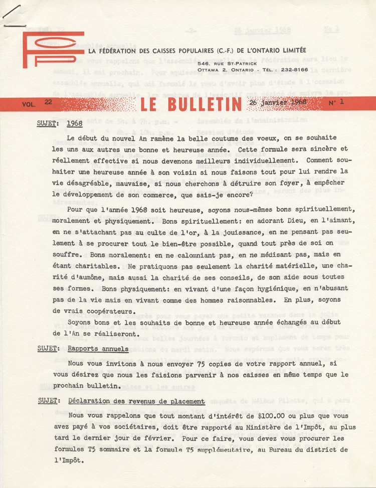 Reproduction de la premi&egrave;re page de Le Bulletin de la F&eacute;d&eacute;ration des caisses populaires canadiennes-fran&ccedil;aises de l’Ontario, 26 janvier 1968.