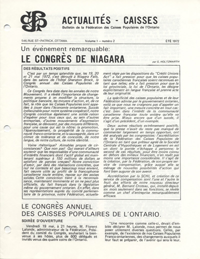 Reproduction de la premi&egrave;re page de l’Actualit&eacute;s-caisses, bulletin de la F&eacute;d&eacute;ration des caisses populaires de l’Ontario, &eacute;t&eacute; 1972.