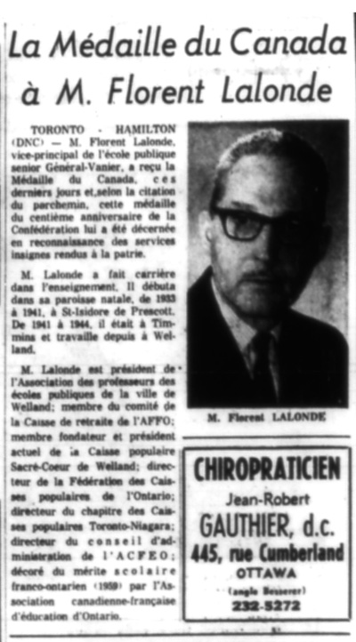 Reproduction d’un article paru dans Le Droit au sujet de la remise de la m&eacute;daille du Canada &agrave; Florent Lalonde, 9 avril 1968.