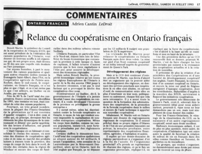 Reproduction d'un article paru dans le journal Le Droit sur la relance du coop&eacute;ratisme en Ontario fran&ccedil;ais, 10 juillet 1993.
