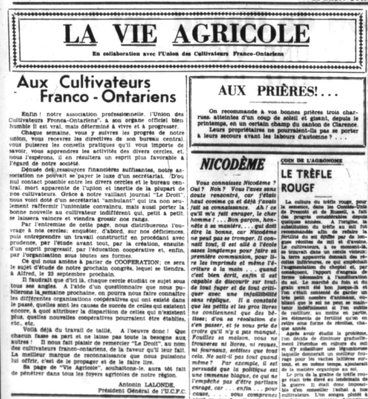 Reproduction de la chronique de l'Union des cultivateurs franco-ontariens intitul&eacute;e La vie agricole parue dans Le Droit, 19 ao&ucirc;t 1936.