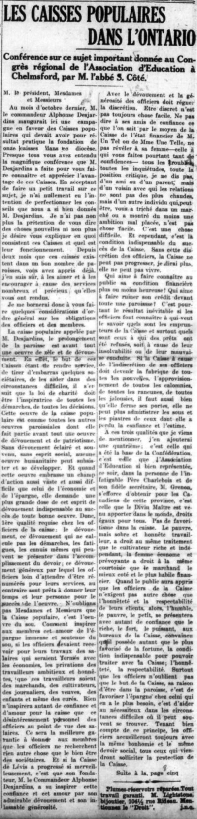 Les caisses populaires dans l'Ontario� &raquo;, article paru dans le journal Le Droit, p. 1, 8 janvier 1914.
