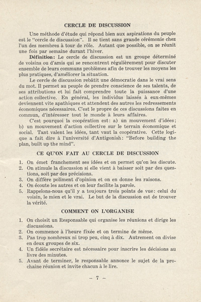 Reproduction de la septi&egrave;me page de la publication Qu’est-ce qu’une caisse Desjardins? par l’abb&eacute; Ad&eacute;lard-J. Couture au sujet du mode de fonctionnement des cercles d’&eacute;tude, ca 1951.