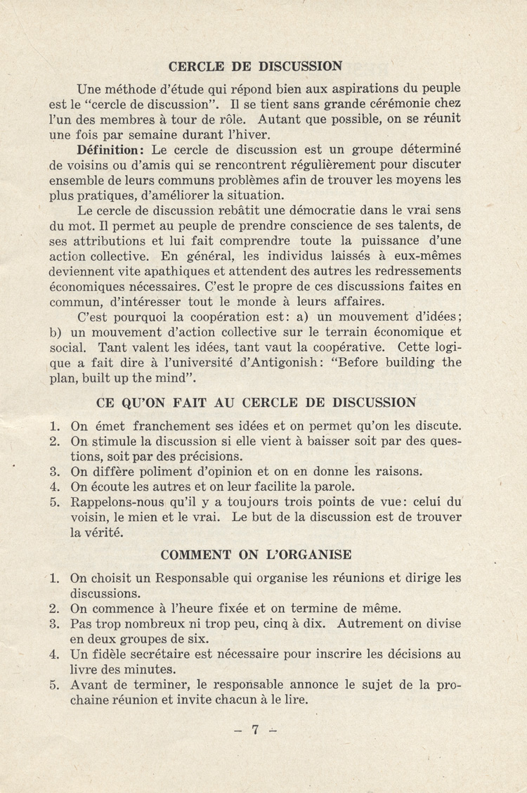 Reproduction de la septi&egrave;me page de la publication Qu’est-ce qu’une caisse Desjardins? par l’abb&eacute; Ad&eacute;lard-J. Couture au sujet du mode de fonctionnement des cercles d’&eacute;tude, ca 1951.
