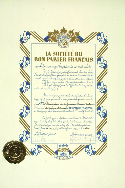 Dipl&ocirc;me de soci&eacute;taire d'honneur d&eacute;cern&eacute; par la Soci&eacute;t&eacute; du Bon parler fran&ccedil;ais