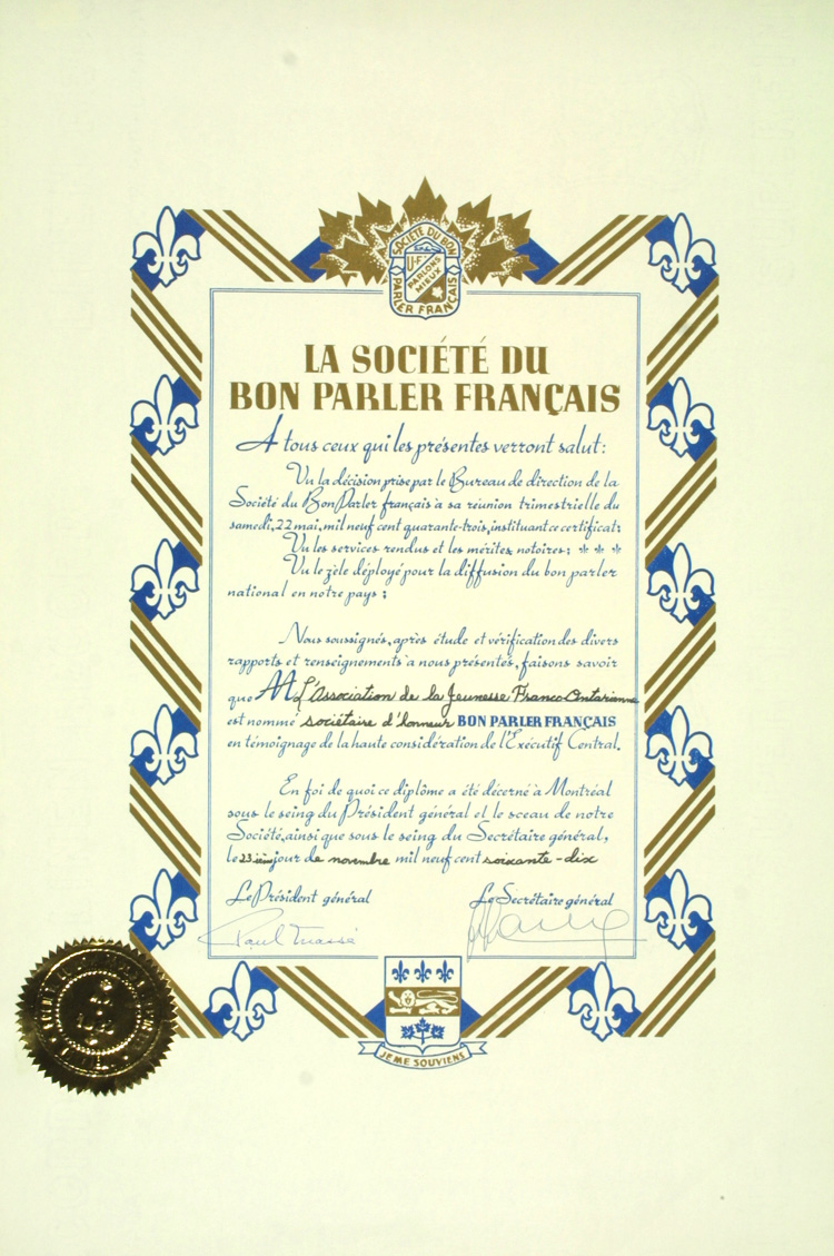 Dipl&ocirc;me de soci&eacute;taire d'honneur d&eacute;cern&eacute; par la Soci&eacute;t&eacute; du Bon parler fran&ccedil;ais