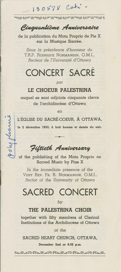 Reproduction de la page de titre du programme du cinquanti&egrave;me anniversaire de publication du Motu Proprio de Pie X sur la musique sacr&eacute;e, concert du Choeur Palestrina &agrave; l'&eacute;glise du Sacr&eacute;-Coeur d'Ottawa, le 2 d&eacute;cembre 1953, 1953.