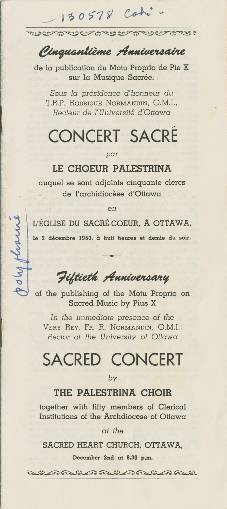 Reproduction de la page de titre du programme du cinquanti&egrave;me anniversaire de publication du Motu Proprio de Pie X sur la musique sacr&eacute;e, concert du Choeur Palestrina &agrave; l'&eacute;glise du Sacr&eacute;-Coeur d'Ottawa, le 2 d&eacute;cembre 1953, 1953.