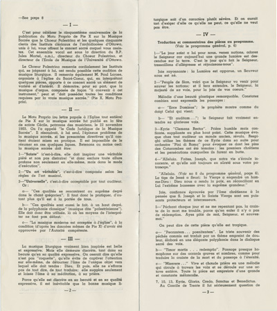Reproduction de la deuxi&egrave;me et de la troisi&egrave;me page du programme du cinquanti&egrave;me anniversaire de publication du Motu Proprio de Pie X sur la musique sacr&eacute;e, concert du Choeur Palestrina &agrave; l'&eacute;glise du Sacr&eacute;-Coeur d'Ottawa, le 2 d&eacute;cembre 1953, 1953.