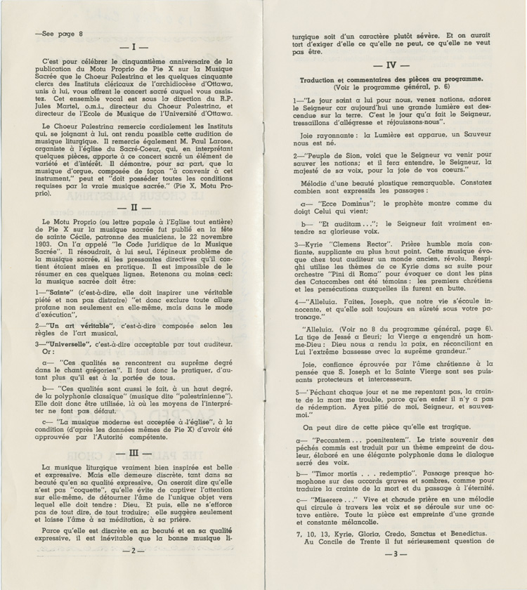Reproduction de la deuxi&egrave;me et de la troisi&egrave;me page du programme du cinquanti&egrave;me anniversaire de publication du Motu Proprio de Pie X sur la musique sacr&eacute;e, concert du Choeur Palestrina &agrave; l'&eacute;glise du Sacr&eacute;-Coeur d'Ottawa, le 2 d&eacute;cembre 1953, 1953.