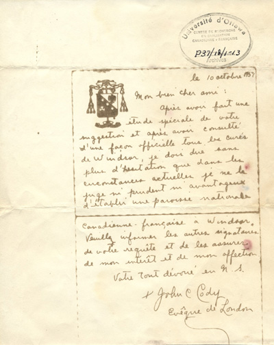 Copie de la lettre de Mgr John Cody