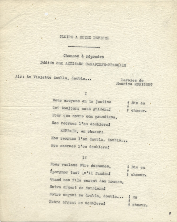 chanson à répondre dédiée aux artisans canadiens-français (1920)