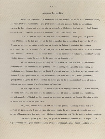 Reproduction de la quatri&egrave;me page des souvenirs et r&eacute;miniscences de Louis-Joseph Billy recueillis par S&eacute;raphin Marion au sujet d’Alphonse Desjardins, ca 1973 