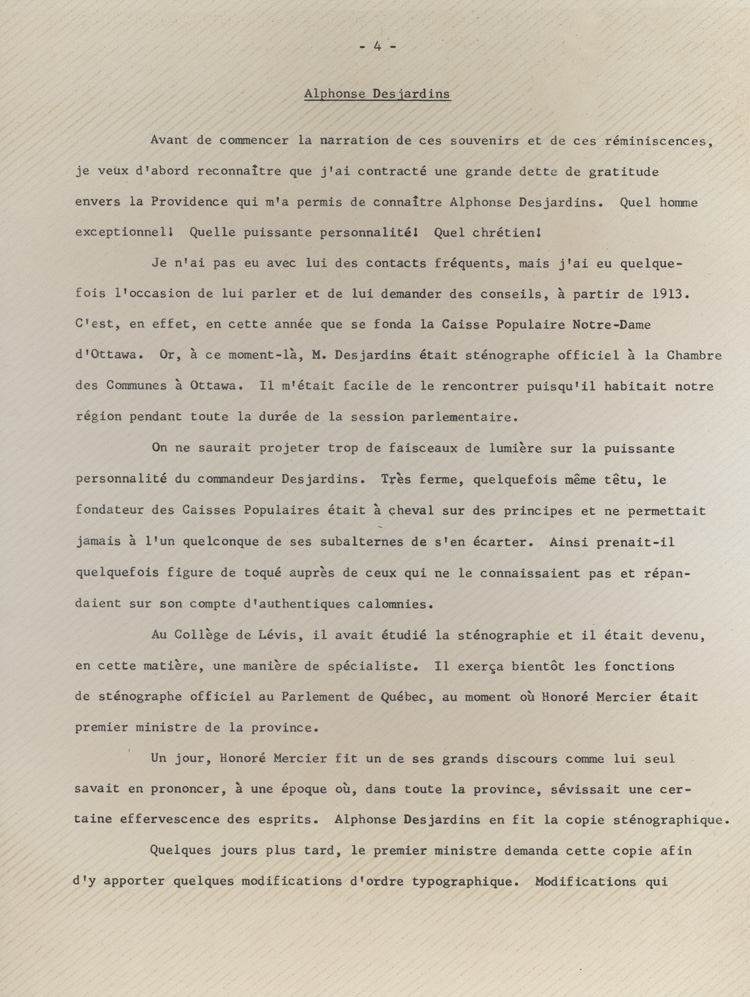 Reproduction de la quatri&egrave;me page des souvenirs et r&eacute;miniscences de Louis-Joseph Billy recueillis par S&eacute;raphin Marion au sujet d’Alphonse Desjardins, ca 1973 