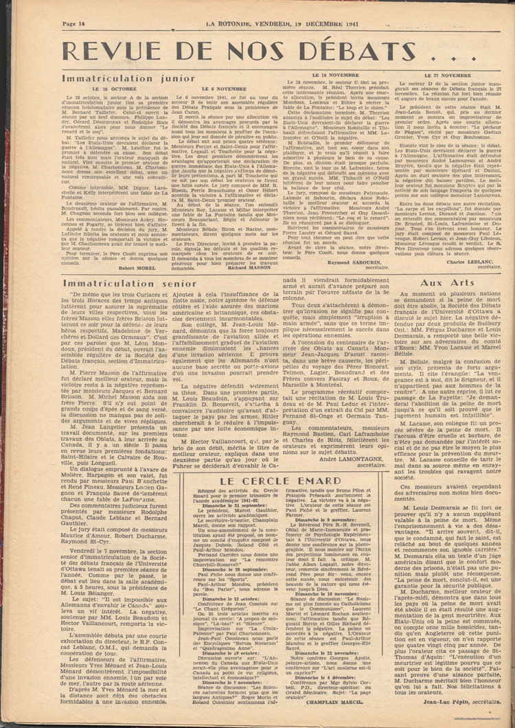 Reproduction de la quatorzi&egrave;me page du num&eacute;ro du dix-neuf d&eacute;cembre 1941 de La Rotonde comprenant une chronique de la Soci&eacute;t&eacute; des d&eacute;bats fran&ccedil;ais de l’Universit&eacute; d’Ottawa intitul&eacute;e Revue de nos d&eacute;bats, 1941.